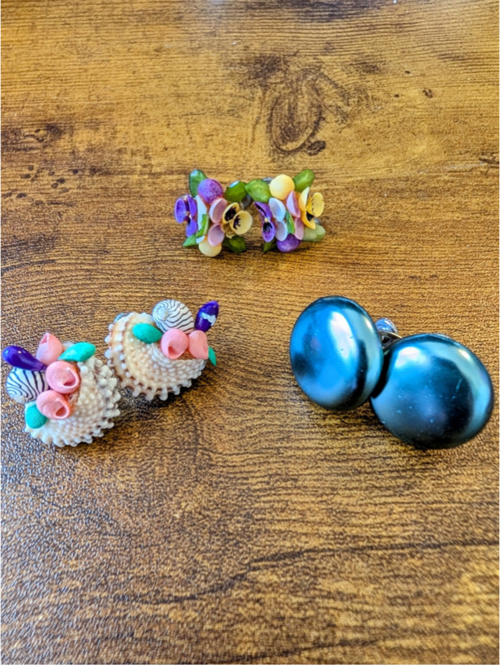 Vintage Screwback Earring Lot Floral Shell Peacock Blue Mid Century Retro 3 Pair
